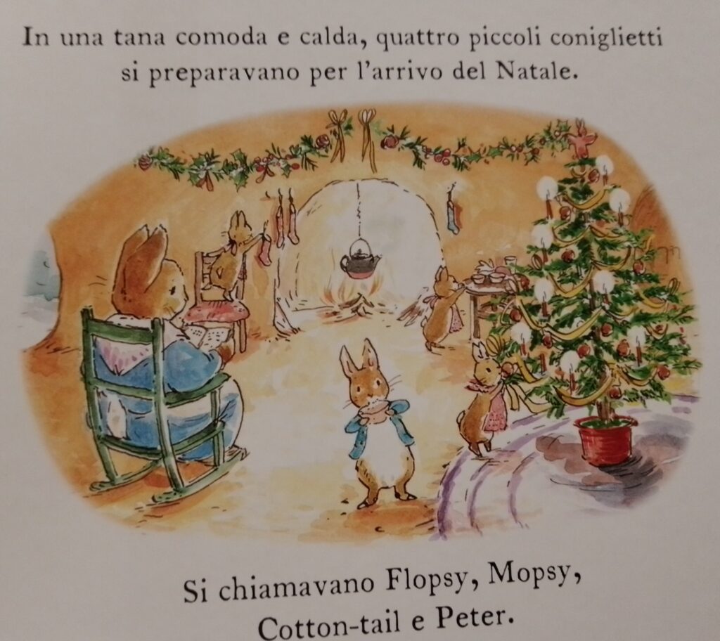 Una tana, un albero di Natale, mamma Coniglio, Peter Coniglio con la sua giacca blu, e le sue sorelle e fratelli.