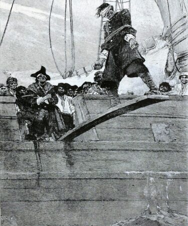 un uomo legato e bendato cammina su una passerella che sporge da una nave a vela. Alle sue spalle un pirata.