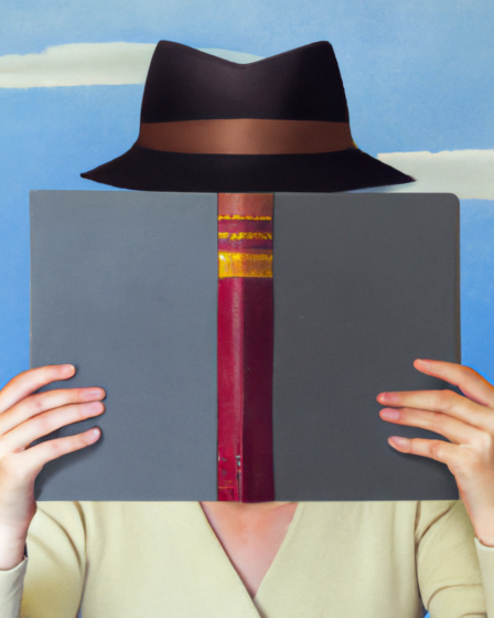 Donna con cappello che legge un libro, che le copre il volto in stile Magritte.