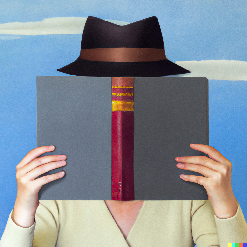 Donna con cappello che legge un libro, che le copre il volto in stile Magritte.