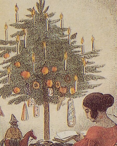 Una bambina legge u libro sotto un albero di natale addobbato con candele e mandarini