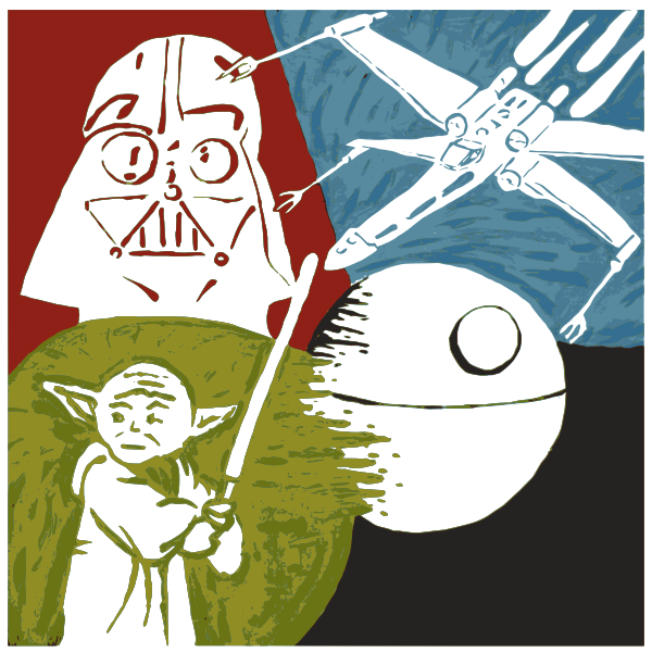 Alcune figure iconiche su Star Wars, disegnate in bianco su sfondi colorati.