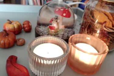 In una bolla di vetro un topino legge un libro, sotto un fungo. Accanto un vaso di vetro con fiori secchi e piccole zucche e candele accese.