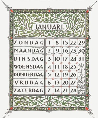 Calendar for January 1899 (1898) print in high resolution by Gerrit Willem Dijsselhof.