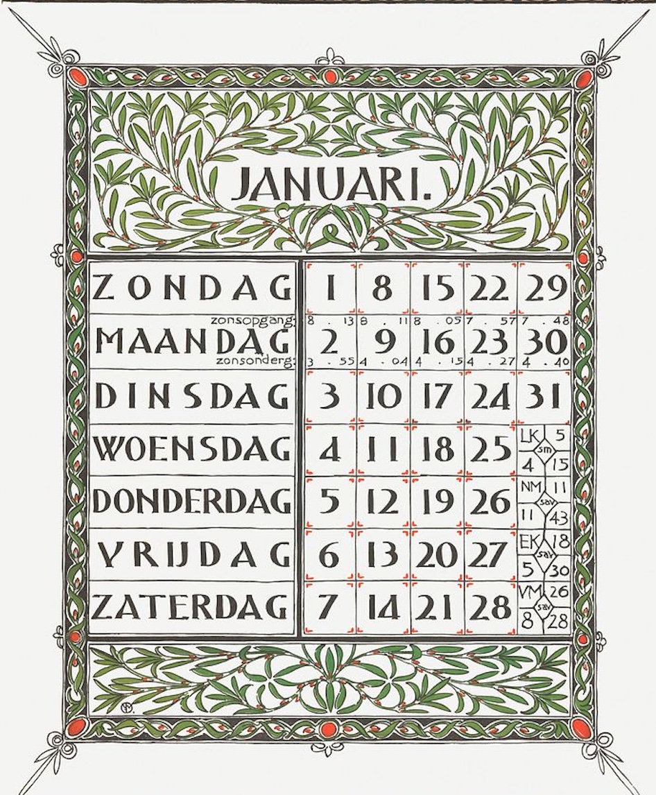 Calendar for January 1899 (1898) print in high resolution by Gerrit Willem Dijsselhof.